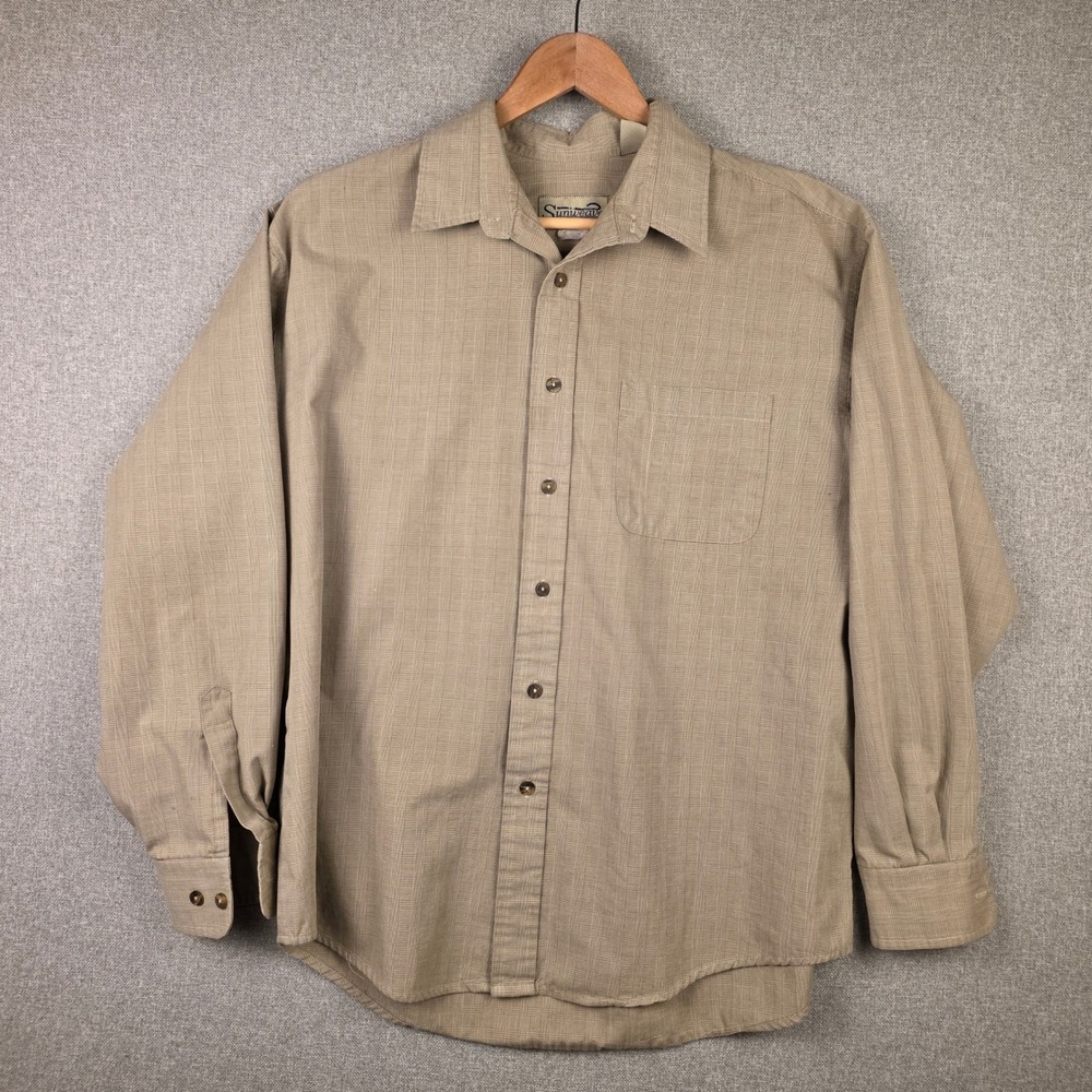Sunweave Mens Long Sleeve Button Down Shirt Khaki Tan Grid Textured Large